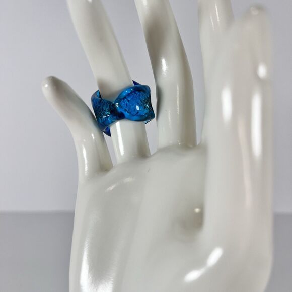 Murano Style Blue Glass Ring Size 7 Abstract Design VTG 1 - Picture 3 of 5
